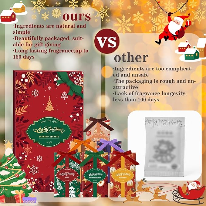 SCENTORINI Scented Sachets for Drawer and Closet, Christmas Long-Lasting Sachets Bags, Cedar, Apple Cinnamon, Coconut & Vanilla, Citrus & Mint, Winter Sun, Hot Chocolate