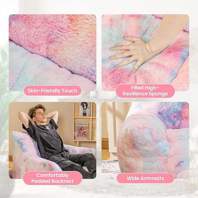 Cvortll Bean Bag Chair, Sherpa Accent Beanbag Chair and Ottoman Set, Fur Faux BeanBag Chair with Memory Foam Filled, Lazy Sofa Comfy Cozy BeanBag Chair for Dorm, Apartment, Living Room (Colorful)