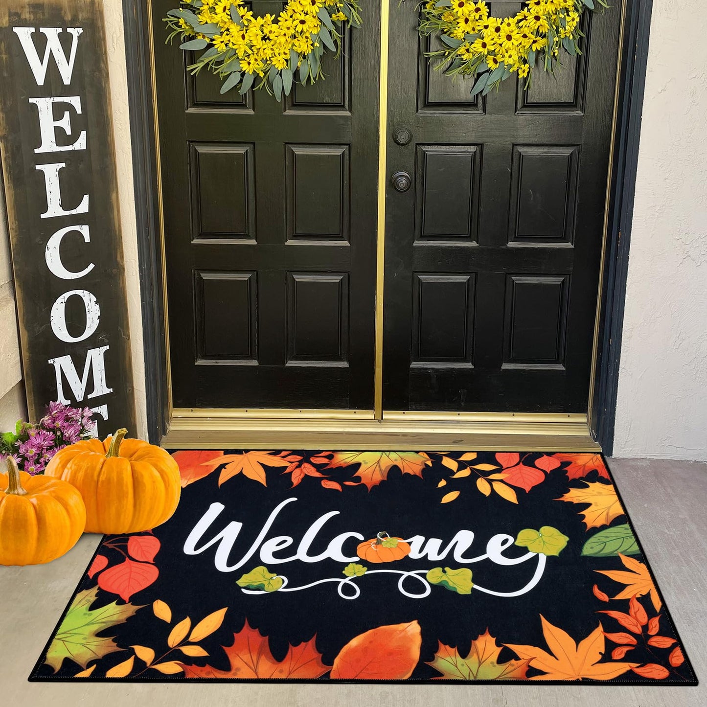 Ileading Fall Door Mat 32"x48", Hello Pumpkin Doormat, Washable Non Slip Welcome Mats for Front Door, Autumn Harvest Thanksgiving Entry Mat Indoor Outdoor Low Profile Floor Mat for Entryway