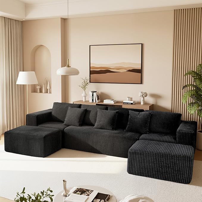 SEENYOO 132" U Shaped Modular Sofa, 4-Seater Sectional Cloud Couch with Chaise, Soft Corduroy Boneless for Living Room, No Assembly Required, Free Configuration, Black