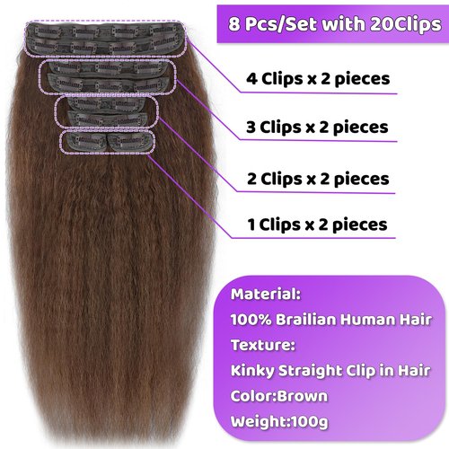 22 Inch Brown Kinky Straight Clip in Hair Extensions Real Human Hair Clip ins Unprocessed Brazilian Virgin Hair Clip on Hair Extensions 4# Kinky Straight Clip ins 8pcs 20 Clips 100g/Set