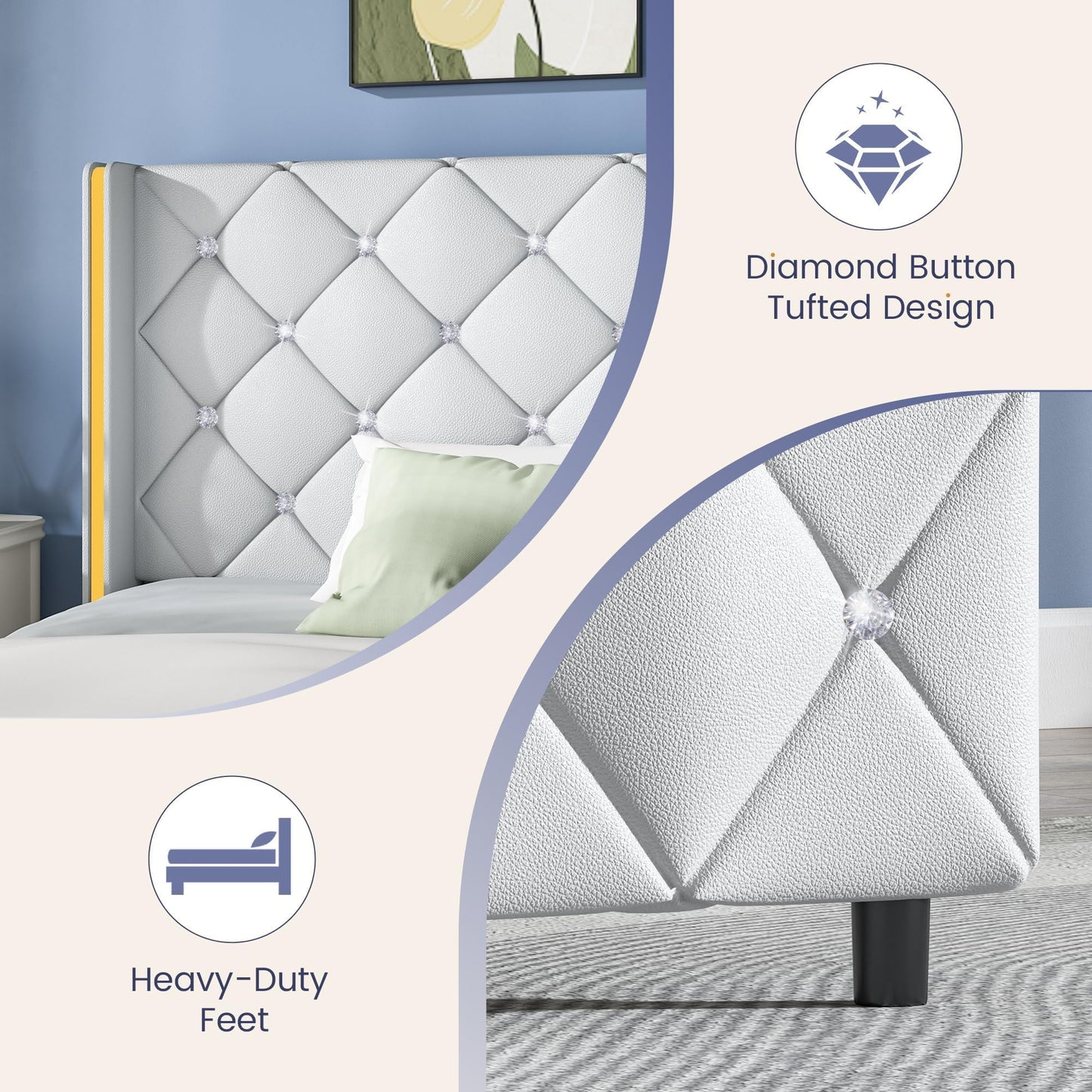 Twin Bed Frames with Headboard, Upholstered Platform Bed with Wingback Design, Modern Diamond Bed Frame with Tufted Deep Button, No Box Spring Needed, Easy Assembly, White