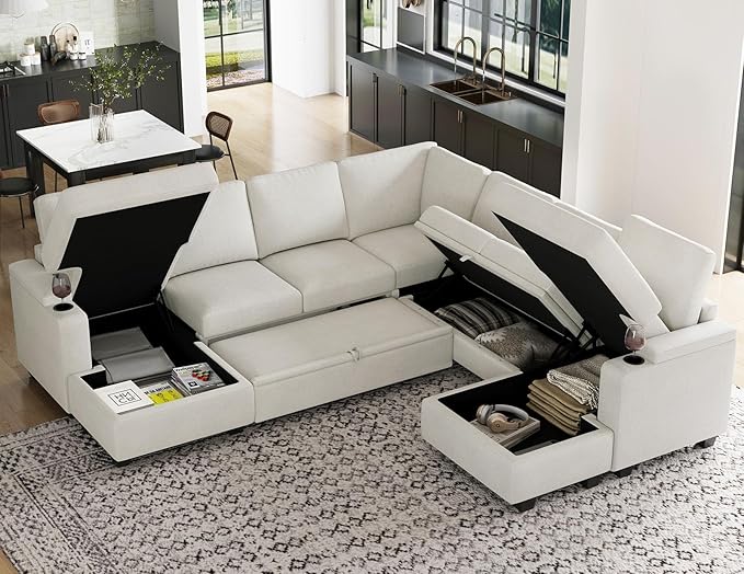 Belffin Modular Sectional Sofa with Pull Out Couch Bed Sectional Couch Convertible Sleeper Sofa with Cup Holder. White