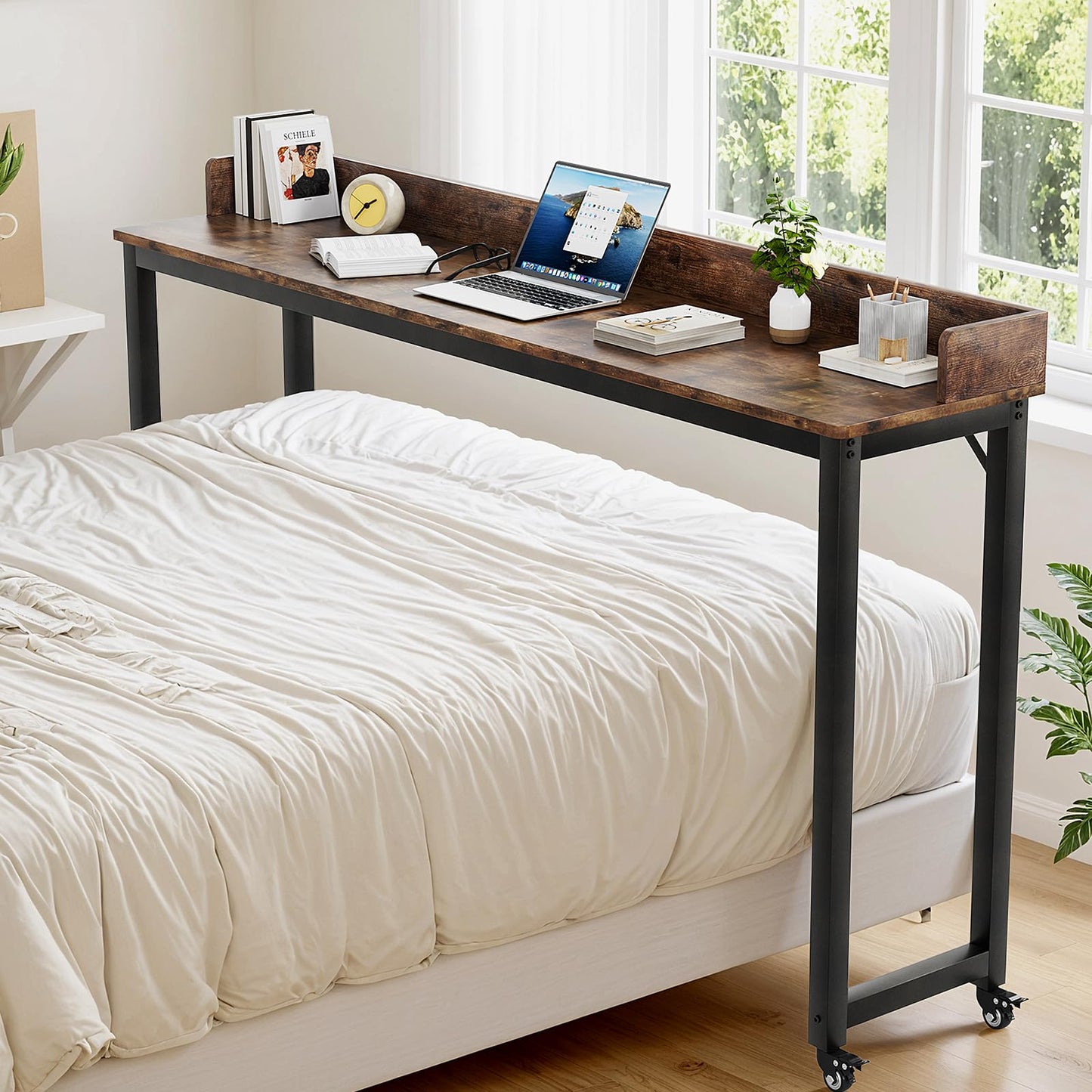 Clevich Overbed Table with Wheels, Queen Full Size Mobile Computer Desk, Standing Laptop Cart, Over Bed Table with Heavy Duty Metal Leg, for Bedroom 16" D x 71" W x 41" H (Brown)