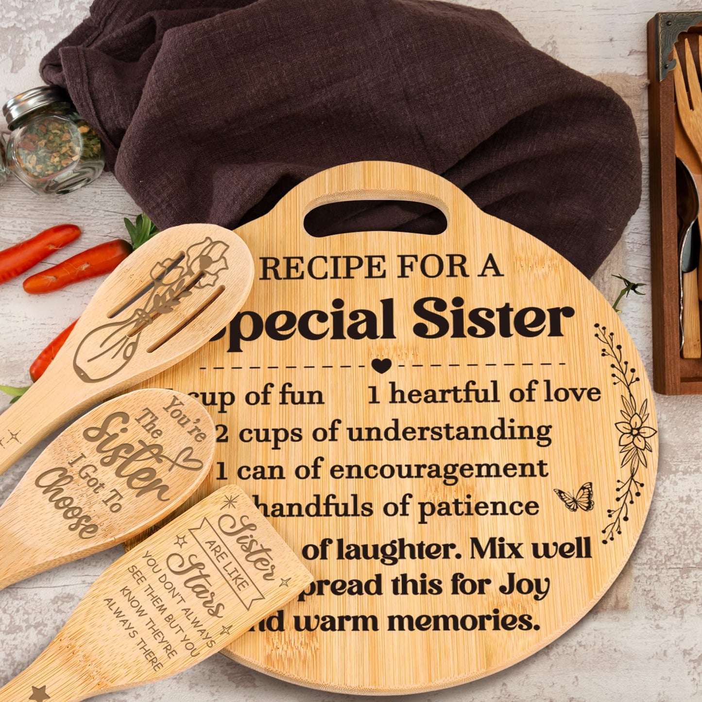Sister Gifts from Sister - Engraved Bamboo Cutting Board Set, Unique Sister Birthday Gifts, Mothers Day Christmas Birthday Gifts for Sister
