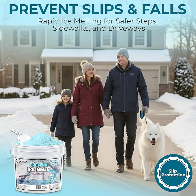 Pet-Friendly Ice Melt - Fast-Acting Magnesium Chloride Formula, Safer for Pets & Surfaces, 45lb Bucket with Scoop