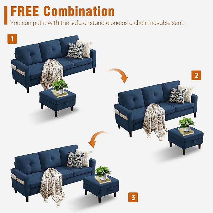 Pingliang Home 80" Convertible Sectional Sofa Couch with Movable Ottoman, 3 Seats Sectional Sofas L Shaped Couch for Small Spaces, Soft Fabric Couch for Living Room (Blue)