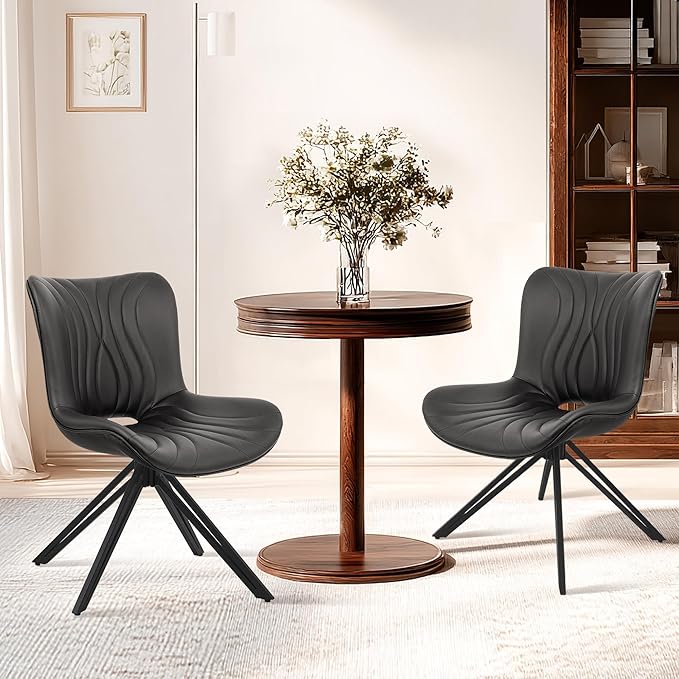 VATROS Dining Chairs Set of 2, 360° Swivel Upholstered Mid-Century Modern Kitchen Dining Room Chairs, Armless Faux Leather Accent Side Chair with Padded Back, Metal Leg, Black