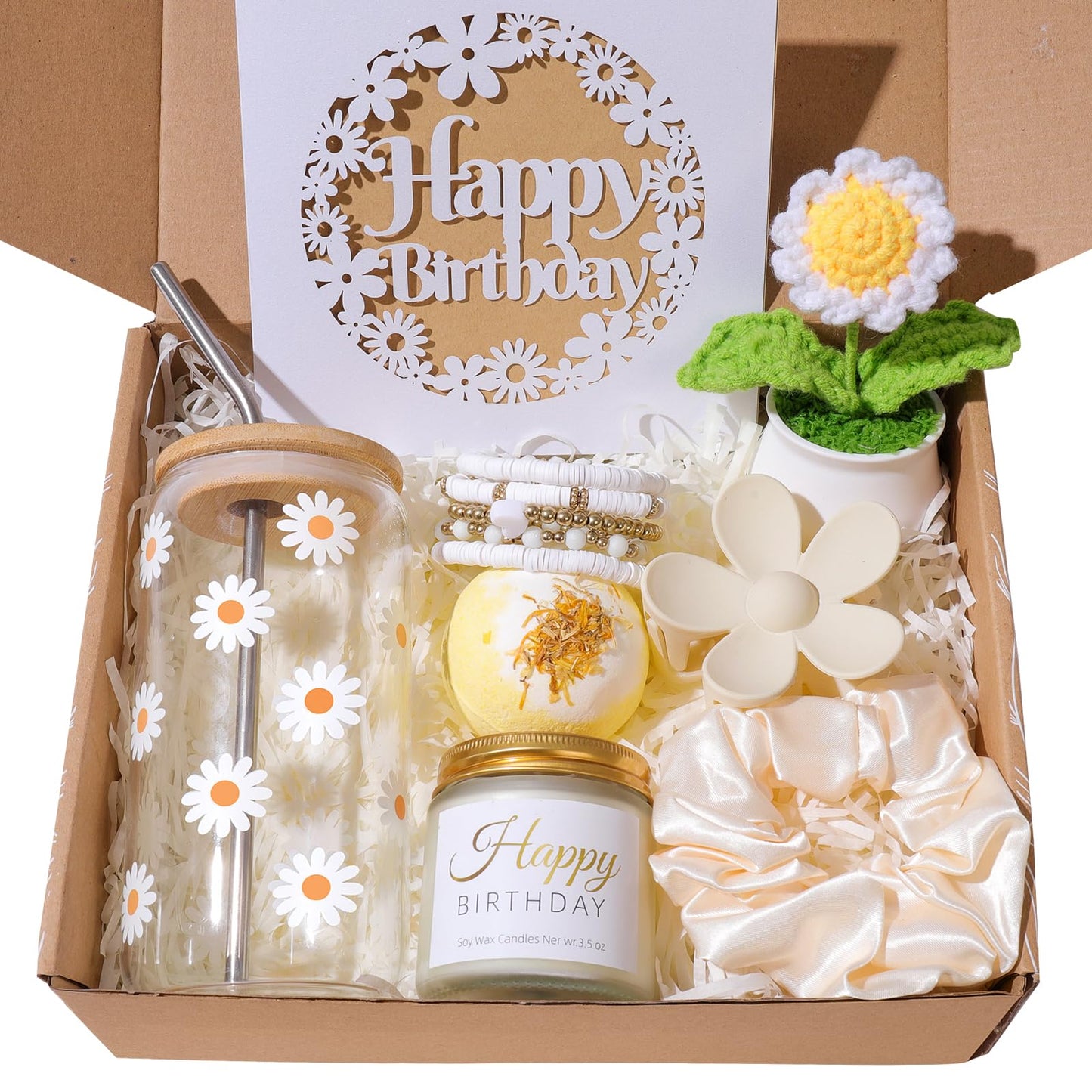 FAJAO Birthday Gifts For Women, Teen Girl, Her, Happy Birthday Gift Box For Girl, Daughter, Women, Sister,Friends, Cute Daisy Aesthetic Glass Cups Gift Set 8pcs