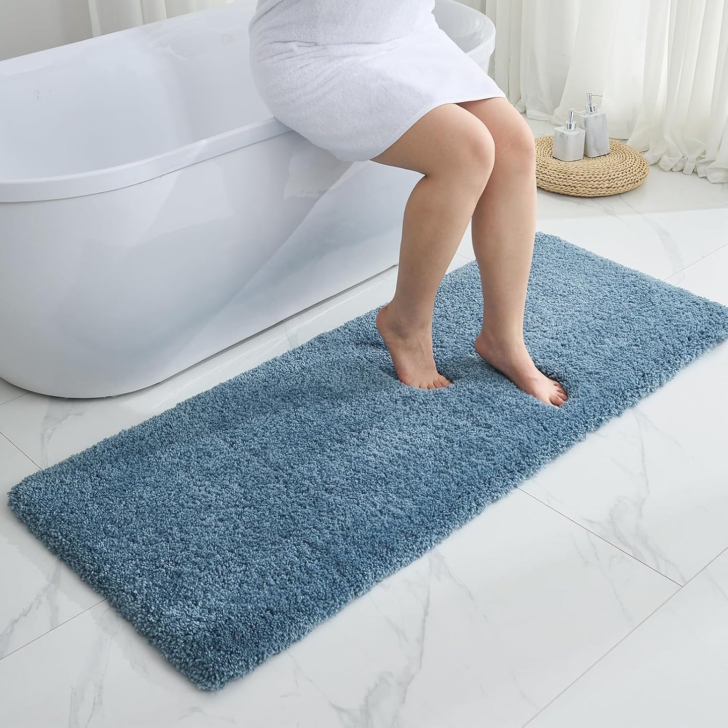 Blue Bathroom Runner Rug 24x59 Non Slip Fluffy Long Bath Mat for Bathroom Floor Washable Plush Luxury Bath Rug for Tub Absorbent Shower Sink Mat Bedside Rug