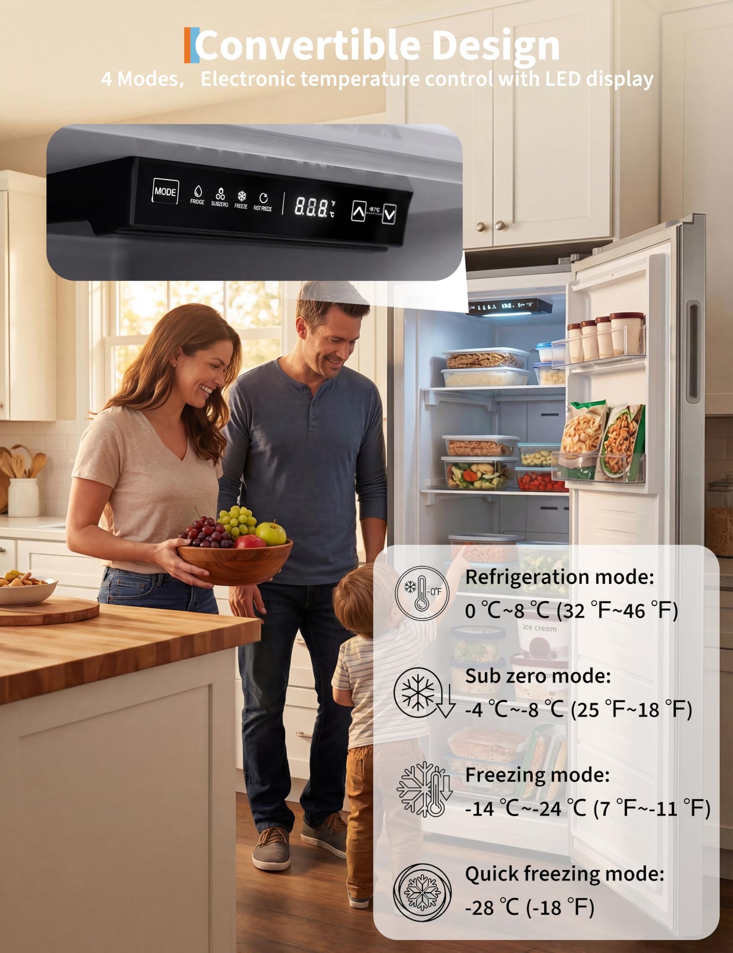 Garvee 11 Cu. Ft. Upright Convertible Fridge/Freeze, Energy Saving, Frost Free, Digital Touch Control Panelr, Removable Glass Shelves