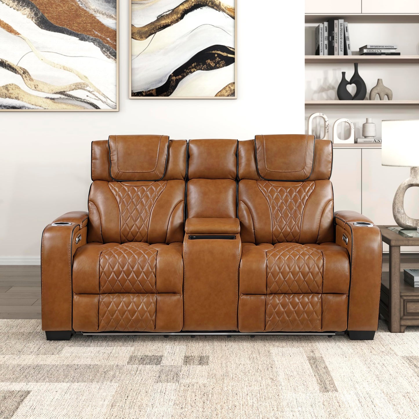 Lexicon Power Double Reclining Loveseat, Center Console/Heat/Massage/Headrest/Storage Arms/Cup Holders/LED Lights/Wireless Charging, Top Grain Leather Match Wall Hugger Recliner Loveseat, Brown