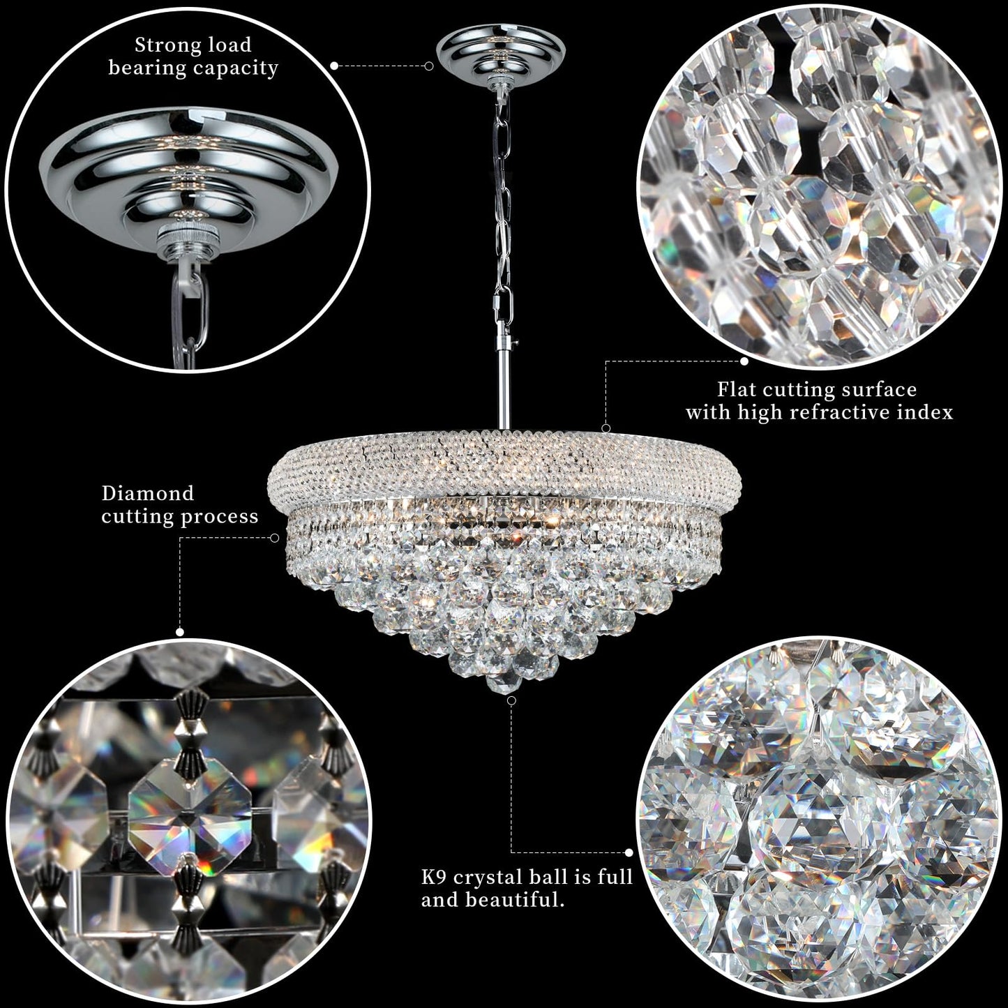 Crystal Chandeliers for Dining Room Light Fixtures Over Table, Empire Style k9 Crystal Chandelier for Bedroom, 9 Lights Chrome Luxury Lighting Fixtures for Living Room Kitchen lsland Entryway D22 Inch