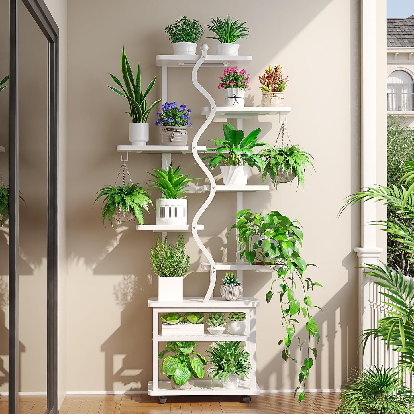 Itaar Plant Stand Indoor with Grow Lights, 9 Tiered Plant Shelf Indoor, 71" Tall Plant Stands with Wheels, S-Shaped Metal Plant Stand Display for Living Room, Patio(White)