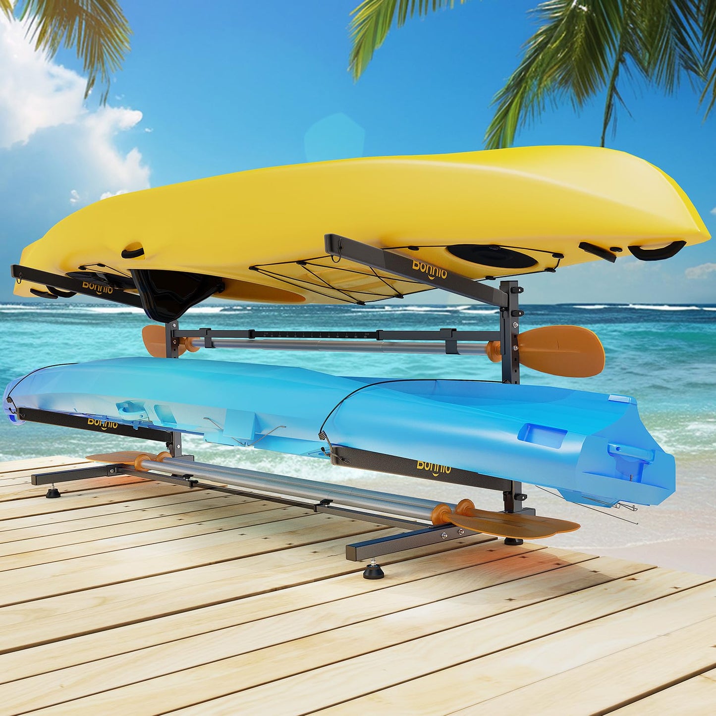 Bonnlo Kayak Storage Rack, Adjustable Heavy Duty Kayak Rack for 2 Kayaks Paddle Boards, Kayak Paddle Holder for Garage Holds up to 274 lbs, Spacesaver, Gentle on Padding, Boat Organizer
