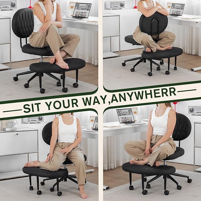 Ergonomic Cross Legged Office Chair with Wheels, Wide Seat and Backrest for Meditation, ADHD Cross Legged Office Chair with Adjustable Height, 360°Rotating Footrest for Yoga Home Office