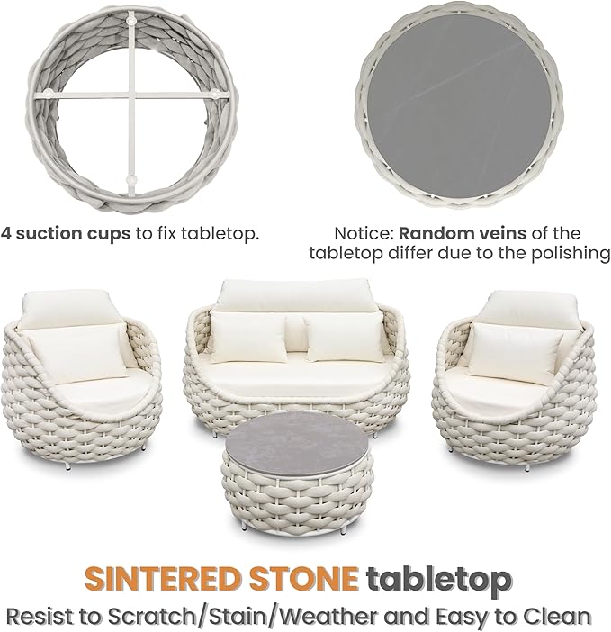 Erotr Metal Backyard Furniture Set: Aluminum Assembled Front Porch 4 Pieces Outdoor Set - Woven Rope Patio Conversation Set Modern - Cushioned Deck Couch Set Garden Sunroom Pool Hotel Resort, Beige