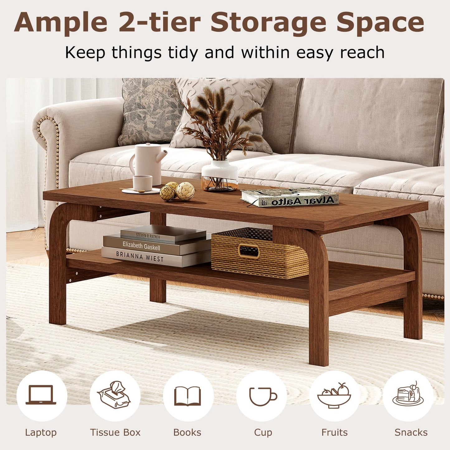 Giantex Mid Century Modern Coffee Table, 47" 2-Tier Center Table with Storage Shelf, Rectangular Vintage Cocktail Table w/Curved Legs & Large Tabletop, Wood Living Room Tables for Apartment, Walnut