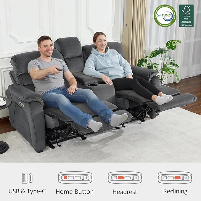 MCombo 73.8'' Wall Hugger Power Loveseat Recliner, Reclining Loveseat with Console, Adjustable Headrest, USB Charge Ports, Cup Holders, for Living Room, RVs, Small Spaces, Fabric ST258M2 (Dark Grey)