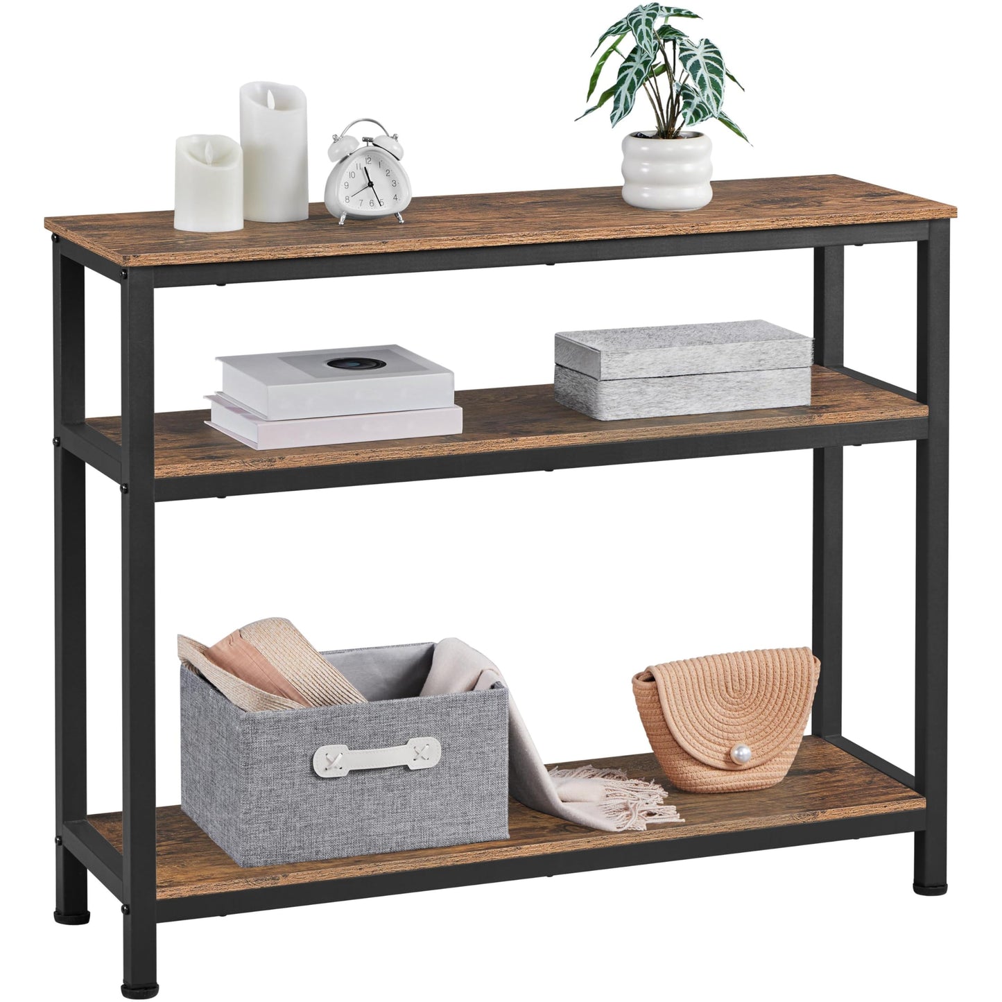 Yaheetech Industrial Console Table, 3 Tier Entryway Table with Storage Shelves, Narrow Sofa Tables for Living Room, Foyer, Hallway, Entrance, Metal Frame, Rustic Brown