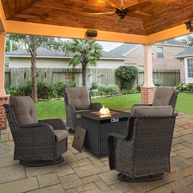 Belord 5 Pieces Patio Wicker Furniture Set - 4 Outdoor Swivel Rocker Glider Chairs with Propane Fire Pit Table, Warm Patio Conversation Set Grey Cushion Perfect for Casual Gathering