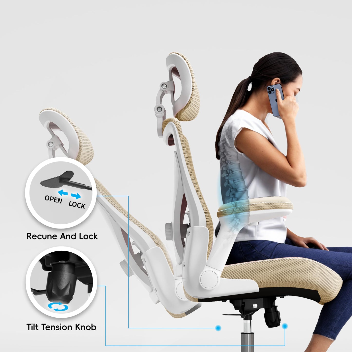 Ergalithic Office Home Ergonomic Desk Chair-Computer X-Shaped Chair Mesh PU Leather with Adjustable Lumbar Support-Executive Chair High Back with Headrest Flip-Up Arms for Long Hours (Khaki)