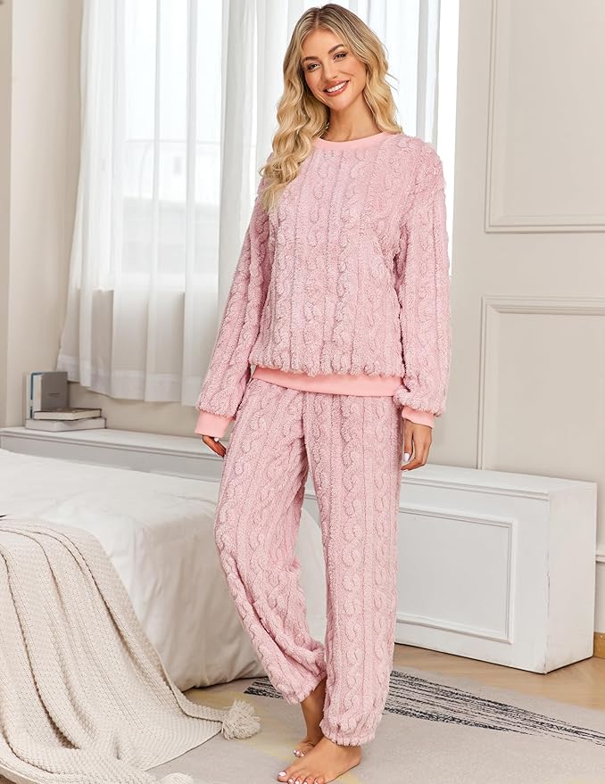 Pajamas Sets for Women Soft Comfy Fluffy Pajama Fleece Pullover Ribbed Pjs Warm Plush Lounge Sleepwear