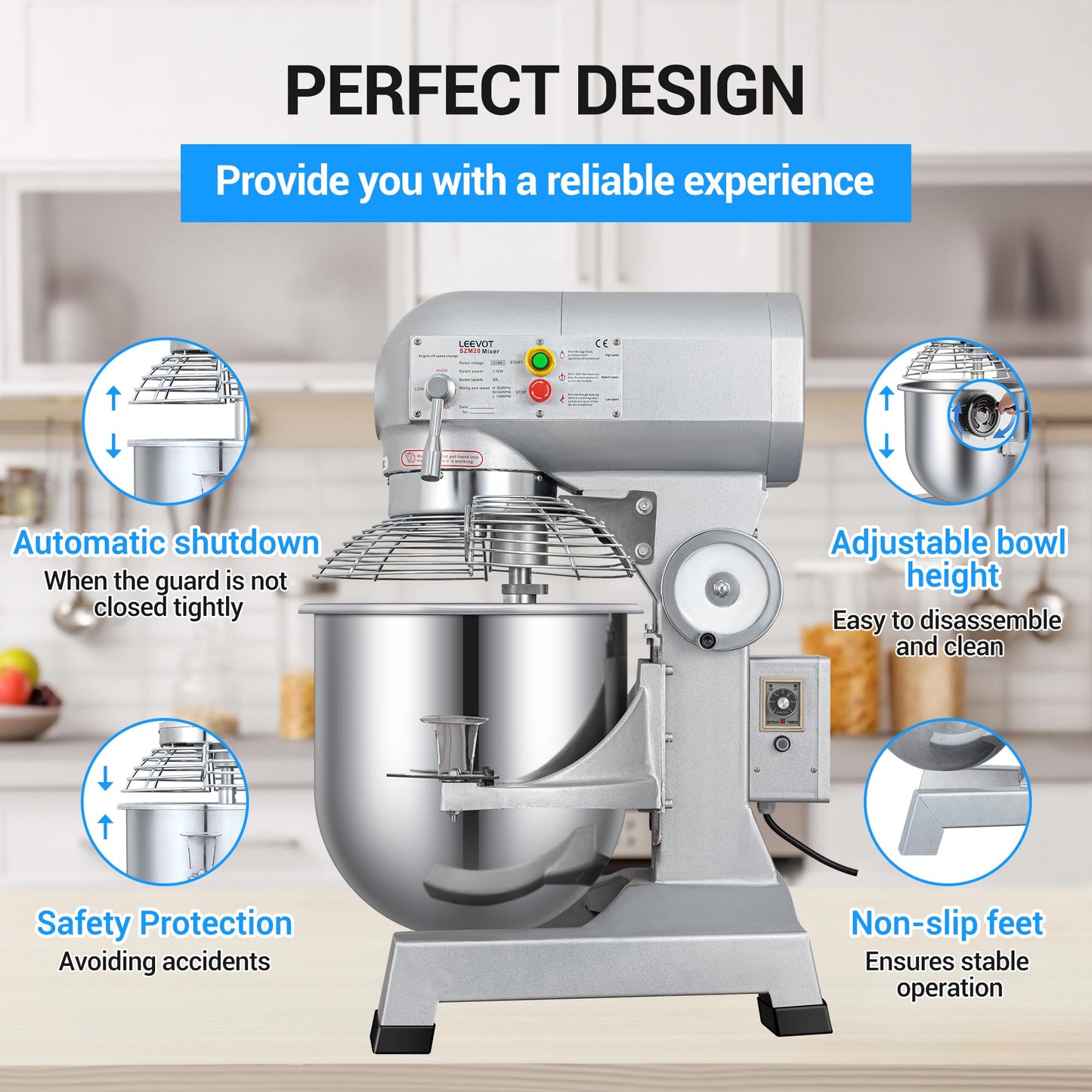LEEVOT 20 qt 1100W Commercial Food Mixer, Commercial mixer 3-Speed Adjustable Heavy Duty Stand Mixer with Stainless Steel Bowl for Bakery Pizzeria. (Stand)