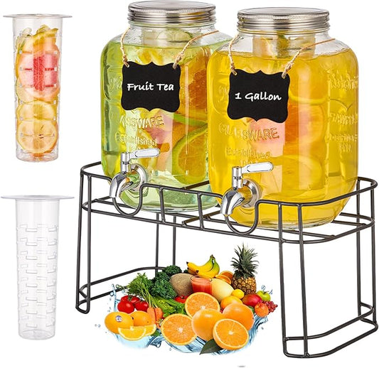 1 Gallon Glass Drink Dispensers for Parties, 2PACK Beverage Dispenser with Stand, Fruit Infuser and Stainless Steel Spigot...