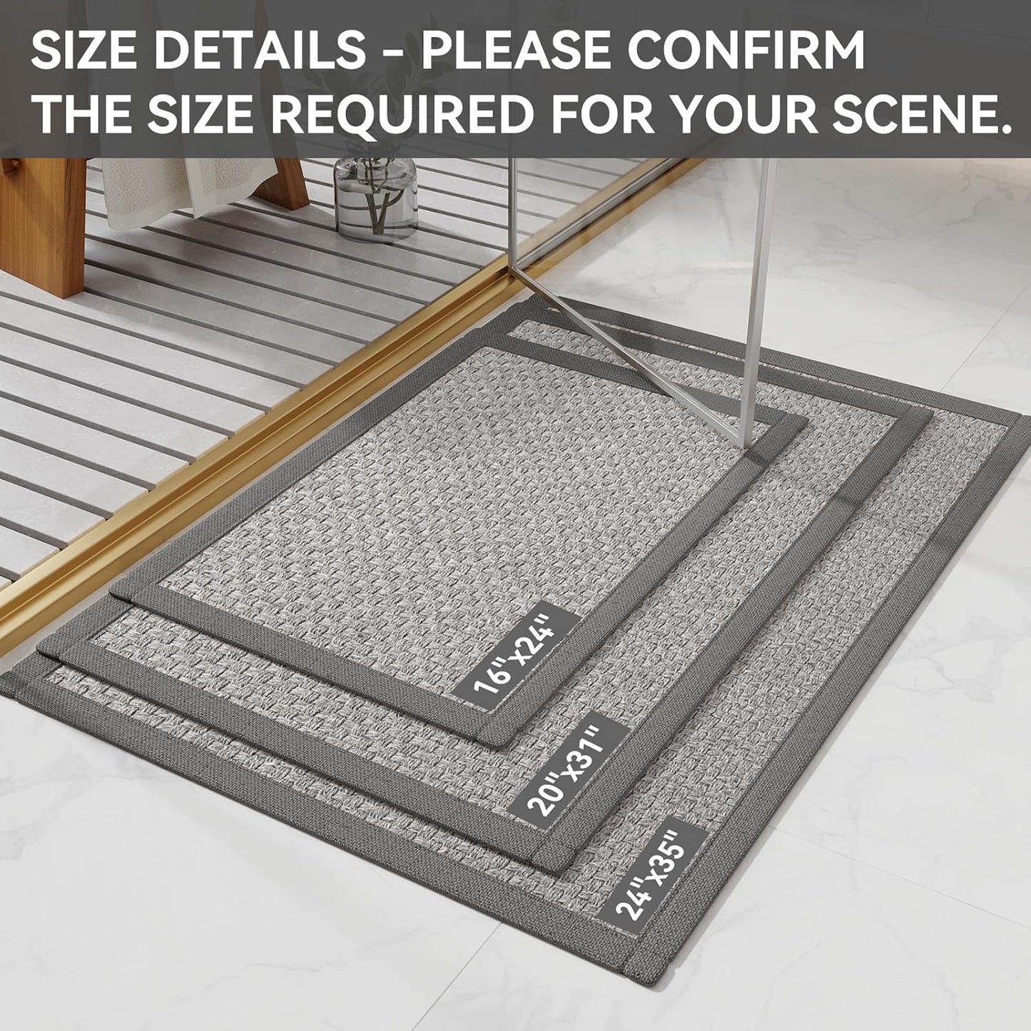 Non Slip Bath Mat Bathroom Rugs, Soft Jute-Like Ultra Thin Bath Mats, Rubber Backing Super Absorbent Quick Dry Bath Rug Shower Mat Fit Under Door Bathroom Floor, Machine Washable, Gray 24" x 36"