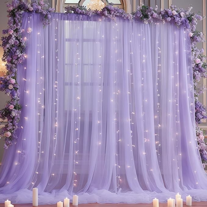 10x8ft Purple Tulle Backdrop Curtain with Lights String for Parites, Sheer Backdrop Curtains for Wedding Baby Shower Birth...