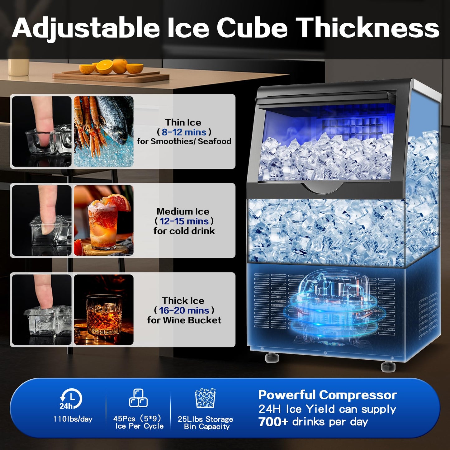 Amzgachfktch Commercial Ice Maker, 110lbs/24H Ice Maker Machine, Auto Self-Cleaning, LED Digital Display, Blue Light, Under Counter/Freestanding Ice Machine for Home/Office/Restaurant/Bar