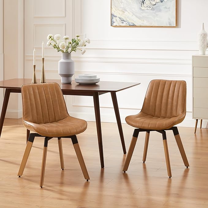Art Leon Dining Chairs Set of 4, Mid Century Modern Swivel Kitchen Dining Room Chairs, Upholstered Faux Leather Armless Side Chairs with Wood Legs for Living Room Bedroom, Red Brown