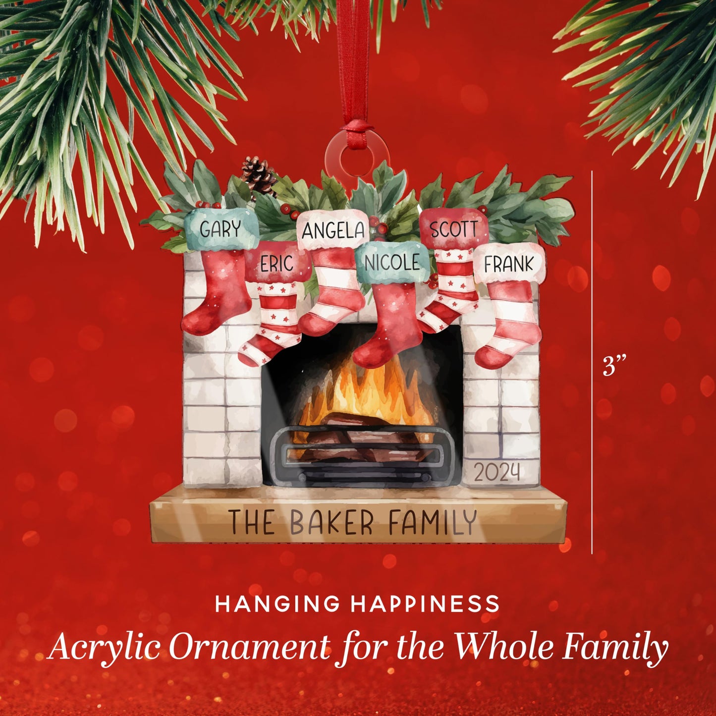 Christmas 2025 Family Ornaments Personalized - Up to 7 Names - Custom Fireplace Mantle Ornament w/Names, Family Christmas Tree Ornament, Personalized 2024 Xmas Ornaments