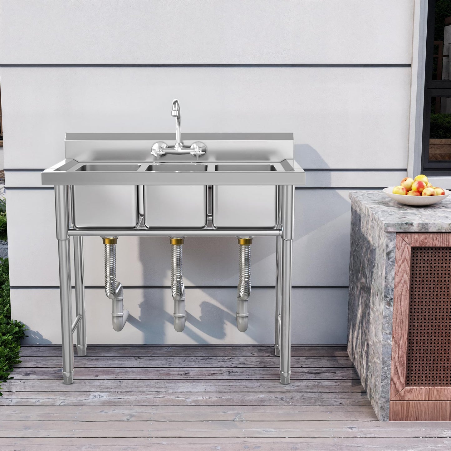 YITAHOME Utility Sink 3 Compartment Stainless Steel Freestanding Bar Sink NSF Commercial Sink for Restaurant, Laundry, Garage, Workshop Sink with Legs, Outdoor (39"x18"x37")
