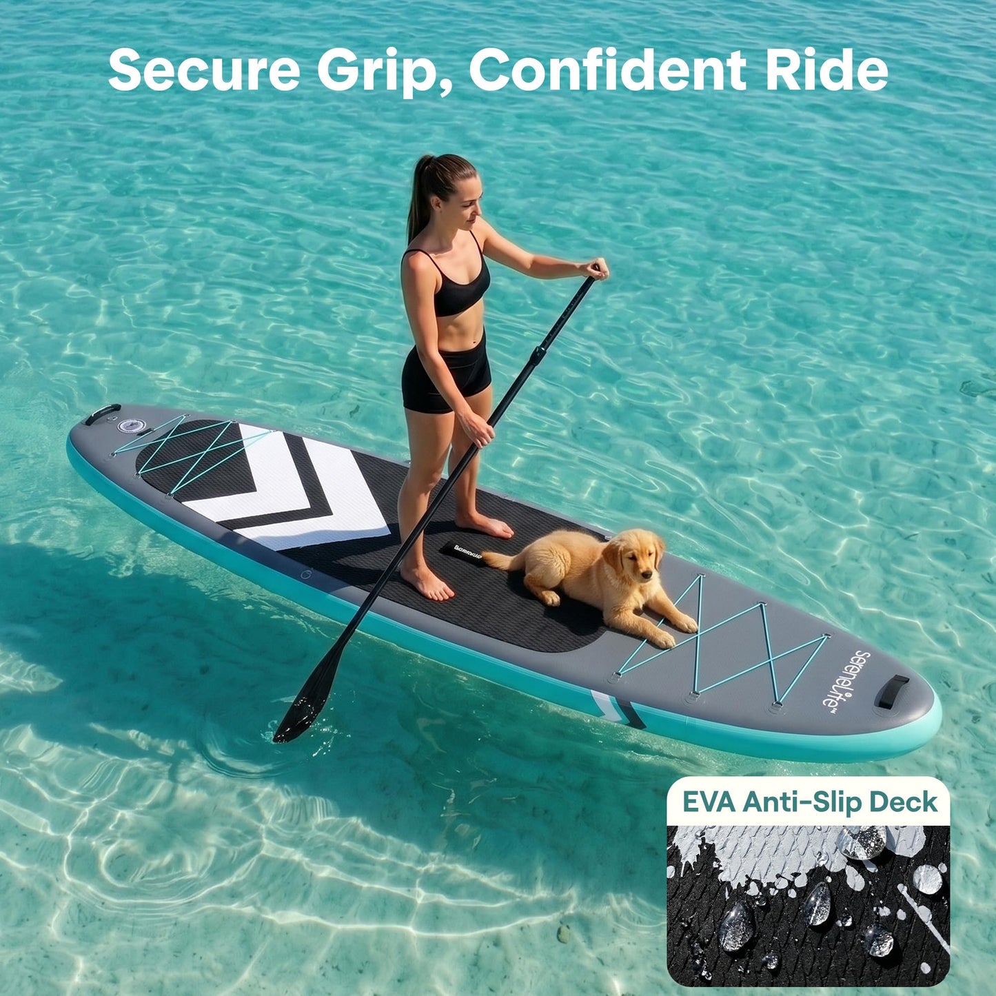 SereneLife 10’ Inflatable Stand Up Paddle Board with Premium SUP Accessories - 33” Wide Stable Design with Non-Slip EVA Deck Pad for Youth and Adults, 350 lbs. Capacity