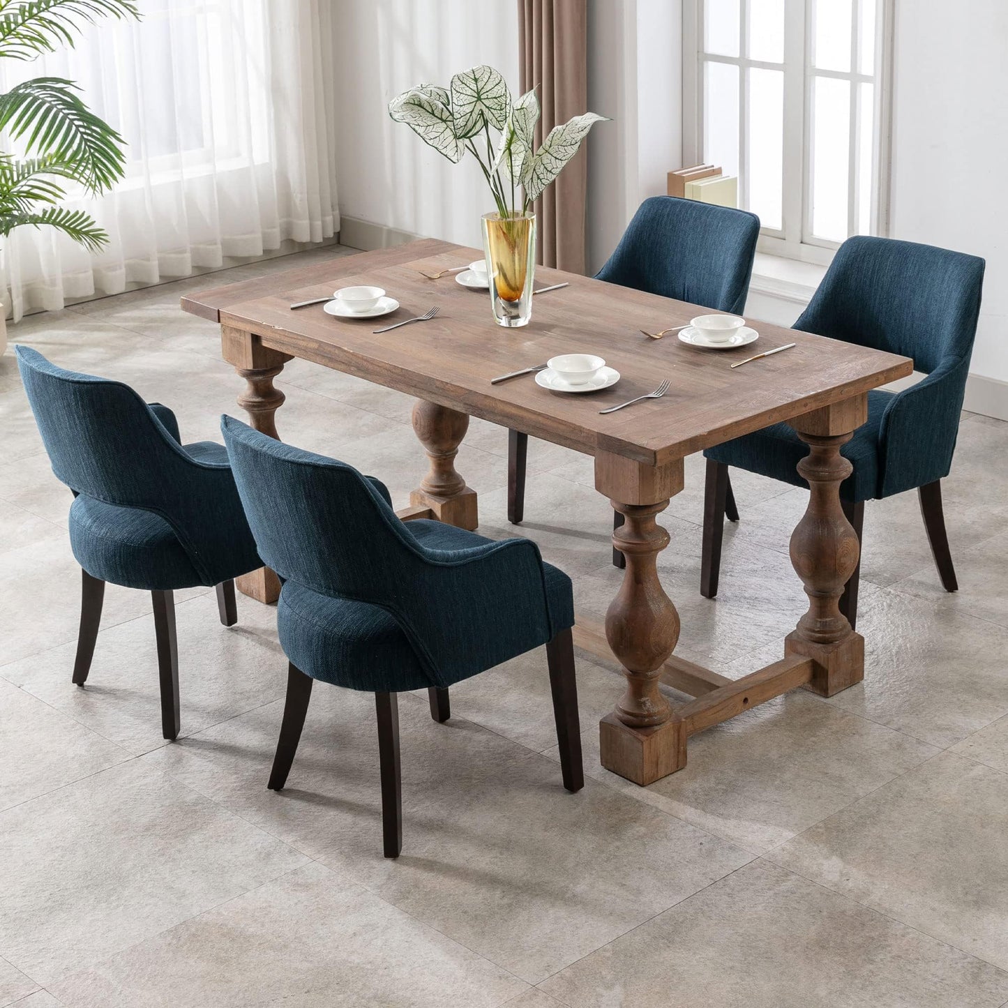 DM Furniture Linen Dining Chairs Set of 4 Upholstered Accent Chairs Side Chair with Wood Legs for Living Room/Dining Room/Bedroom/Restaurant, Blue
