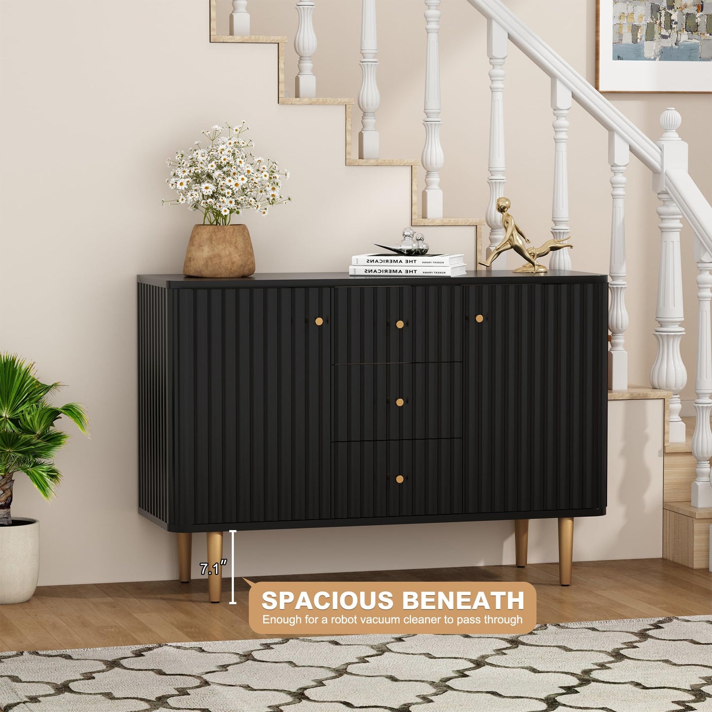 ARTPOWER Sideboard Buffet Cabinet with Drawers, 48" Fluted Accent Storage Cabinet, Modern Credenza for Entryway, Kitchen, Living Room, Black