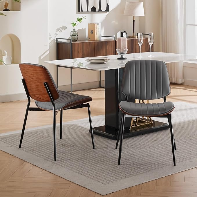 YaFiti Dining Chairs Set of 4, Mid Century Modern Accent Dining Room and Kitchen Chairs, Upholstered PU Leather Vertical Stripe Chairs for Vanity with Walnut Bentwood and Metal Legs, Gray