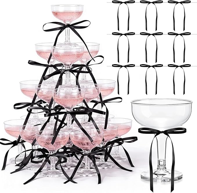 Zopeal 30 Set Disposable Plastic Coupe Glasses With Satin Ribbon Bow 5 oz Acrylic Champagne Tower Cocktail Unbreakable Pla...