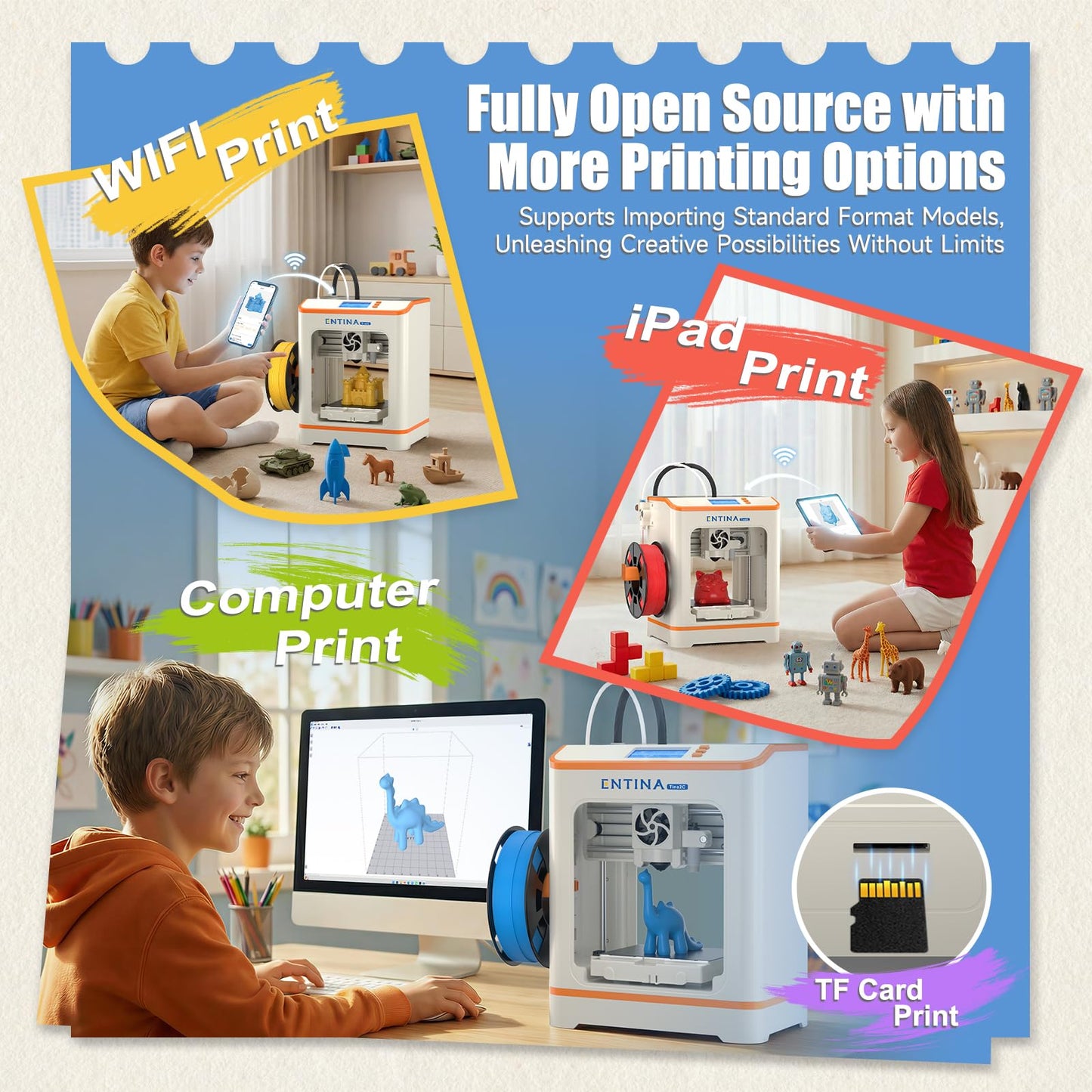 Entina Tina2C Mini 3D Printer for Kids & Beginners, Fully Assembled, Auto Leveling, Easy to Use, WiFi & APP Control, 1500+ Models, DIY Projects, 4 PLA Colors, Ideal for Home & School