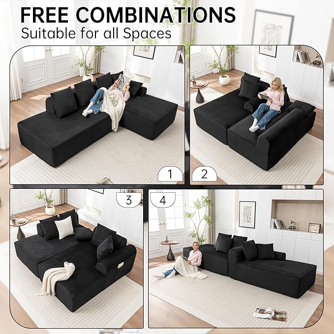 108 '' W Boneless Couch with L-Shape Chaise,No Assembly Required, Upholstery Corduroy Cloud Couch with Deep Seats and 5 Pillows Back, Free Combination (Black)