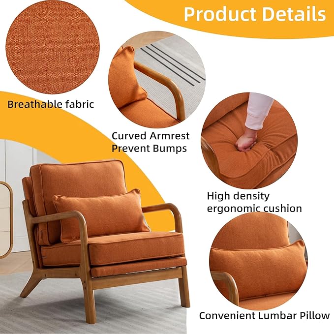 SEYNAR Mid-Century Accent Chair,Linen Fabric Lounge Chair with Wide Armrest,13-16.5'' Low Seat Height Armchair with Lumbar Pillow & Solid Wood Frame for Living Room, Bedroom, Balcony(Orange)