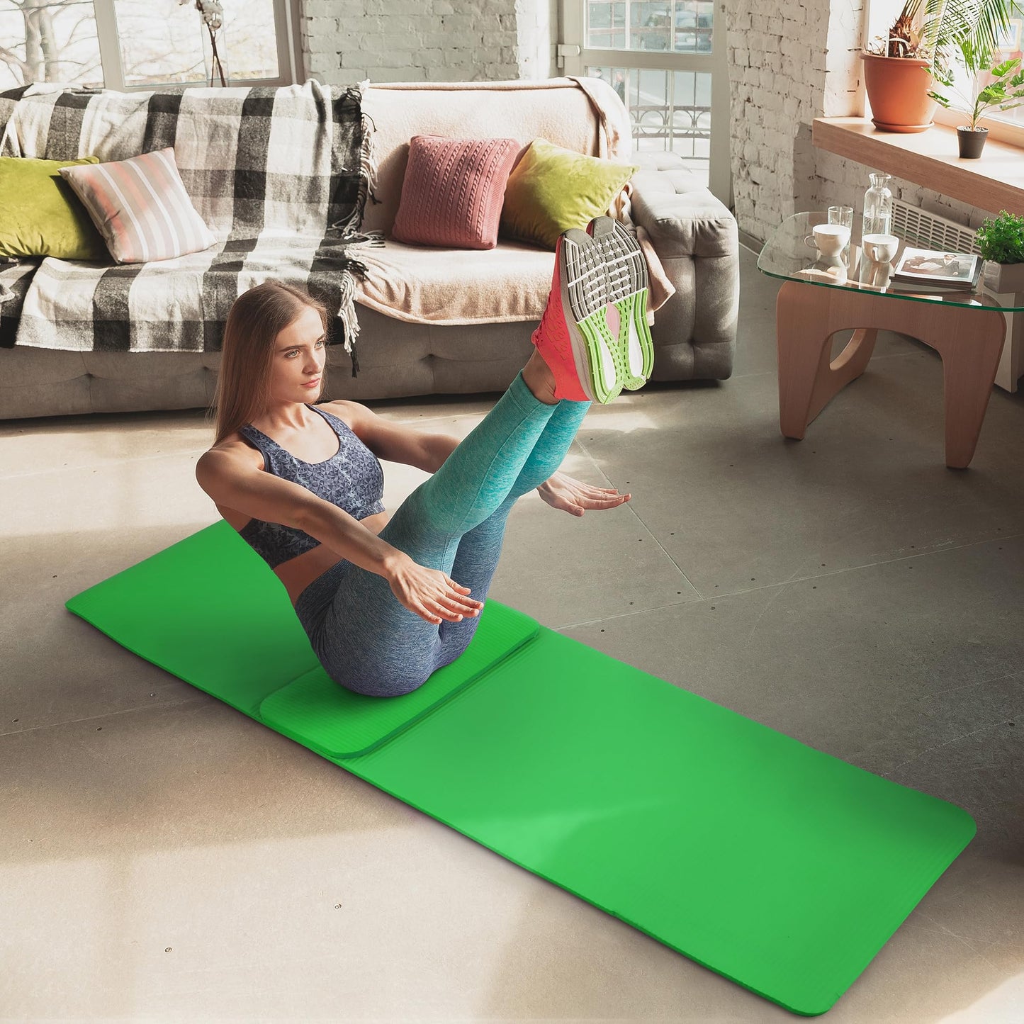 Fitvids 1/2-Inch Extra Thick High Density Anti-Tear Exercise Yoga Mat with Knee Pad and Carrying Strap, Green