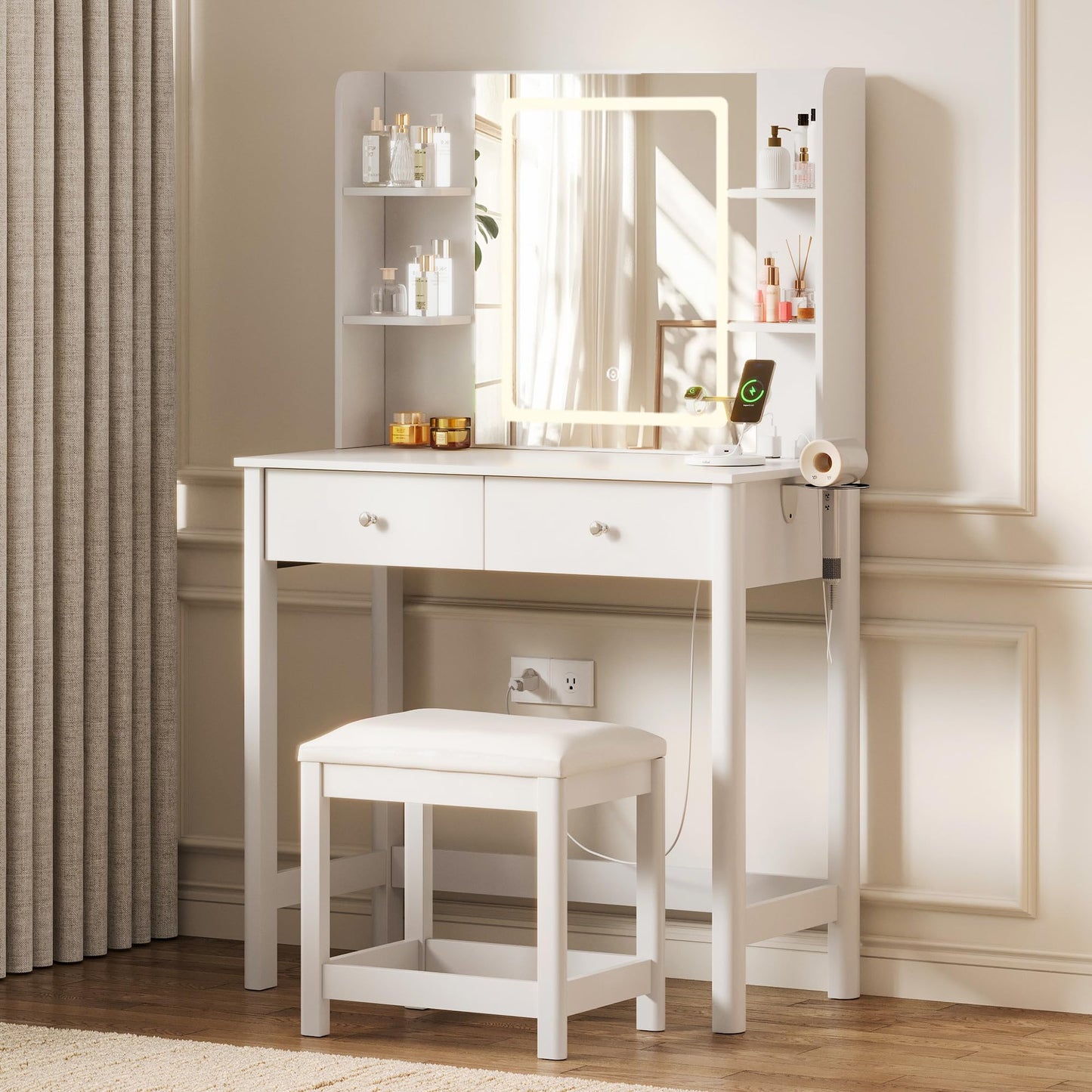 ProsperHaven Vanity Desk with Mirror and LED Lights, Small Makeup Vanity Table Set with Drawers and Chair, Dressing Table with Power Outlet for Girls Bedroom, White