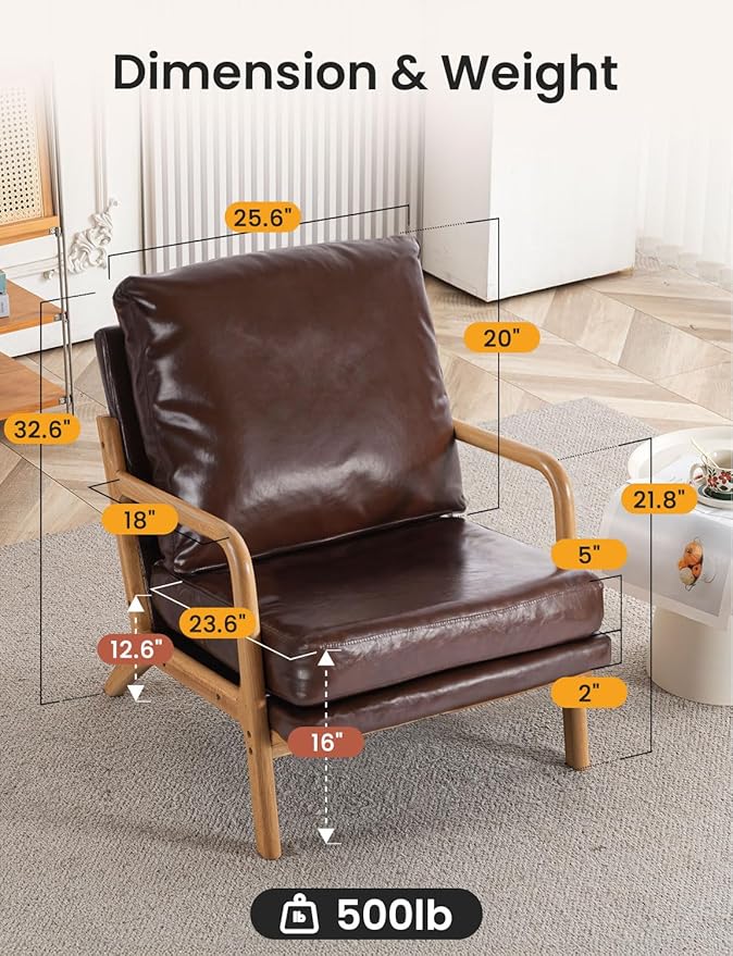 Mid Century Modern Accent Chairs for Living Room, 23” Wide Comfy Chair for Bedroom, Small Cozy Leather Reading Chairs for Adults, 108° Lounge Arm Chair Indoor with Detachable Cover, 5.5" Foam Cushion