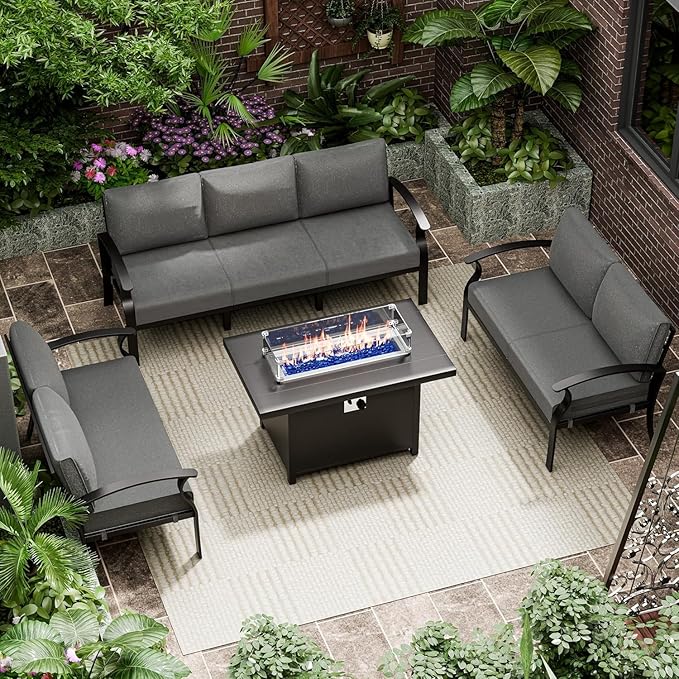 RTDTD Aluminum Outdoor Patio Furniture Set,4 Pieces 7 Seats Patio Conversation Sets with 45" Propane Fire Pit Table,Metal Patio Sectional Furniture Set w/5.1" Cushions for Porch,Deck,Backyard,Grey