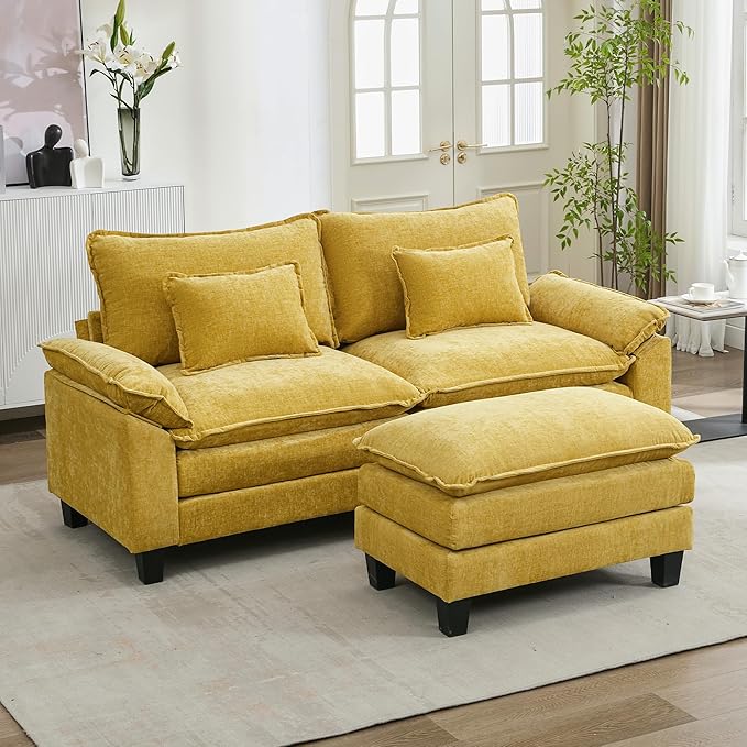 URRED Cloud Couch Modular Sectional Sofa, 87" Modern L Shaped Deep Seat Sofa with Ottoman & Pillows, Ultra Comfy Chenille Couches for Living Room, Bedroom or Apartment, Yellow