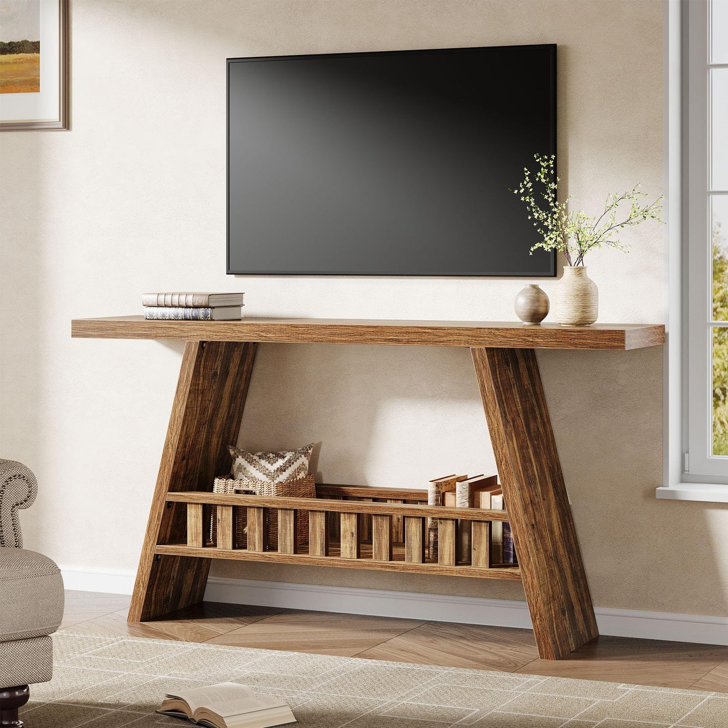 Tribesigns 63-Inch Long Entryway Console Table, Farmhouse 2-Tier Narrow Sofa Table Behind The Couch for Living Room, Hallway, Rustic Brown