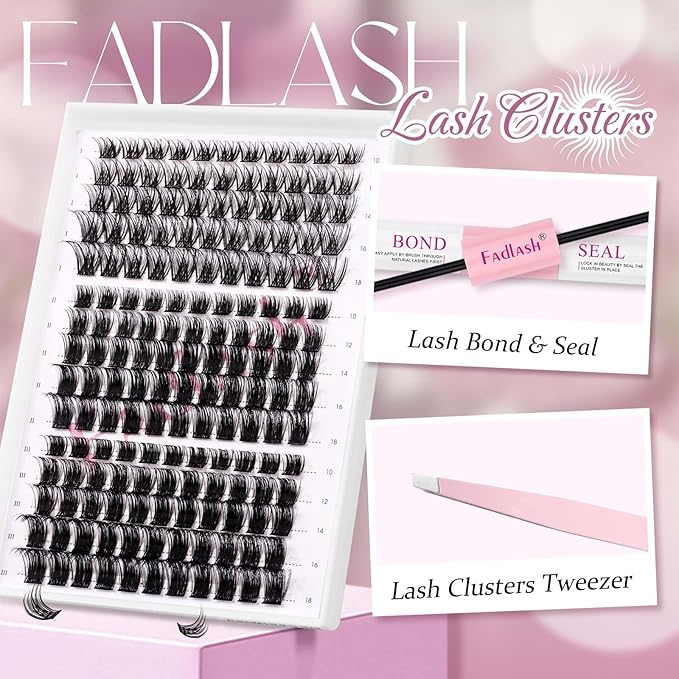FADLASH Lash Clusters Kit 10-18mm Eyelash Cluster Lashes with Lash Bond and Seal Lash Tweezers DIY Lash Extension Kit (K1K3K4-07D-10-18 Kit)